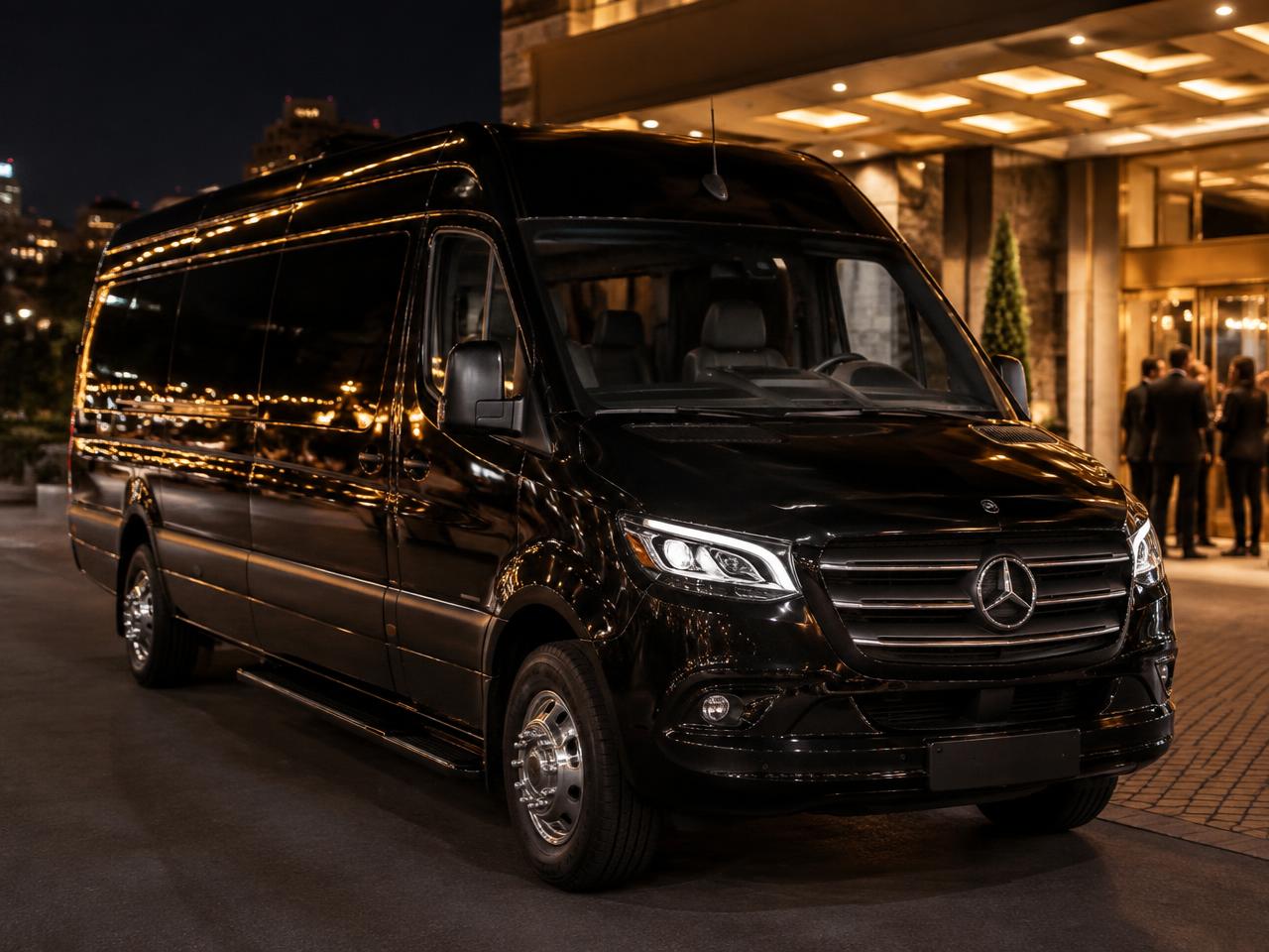 Black Mercedes Sprinter limo van at a city venue at night