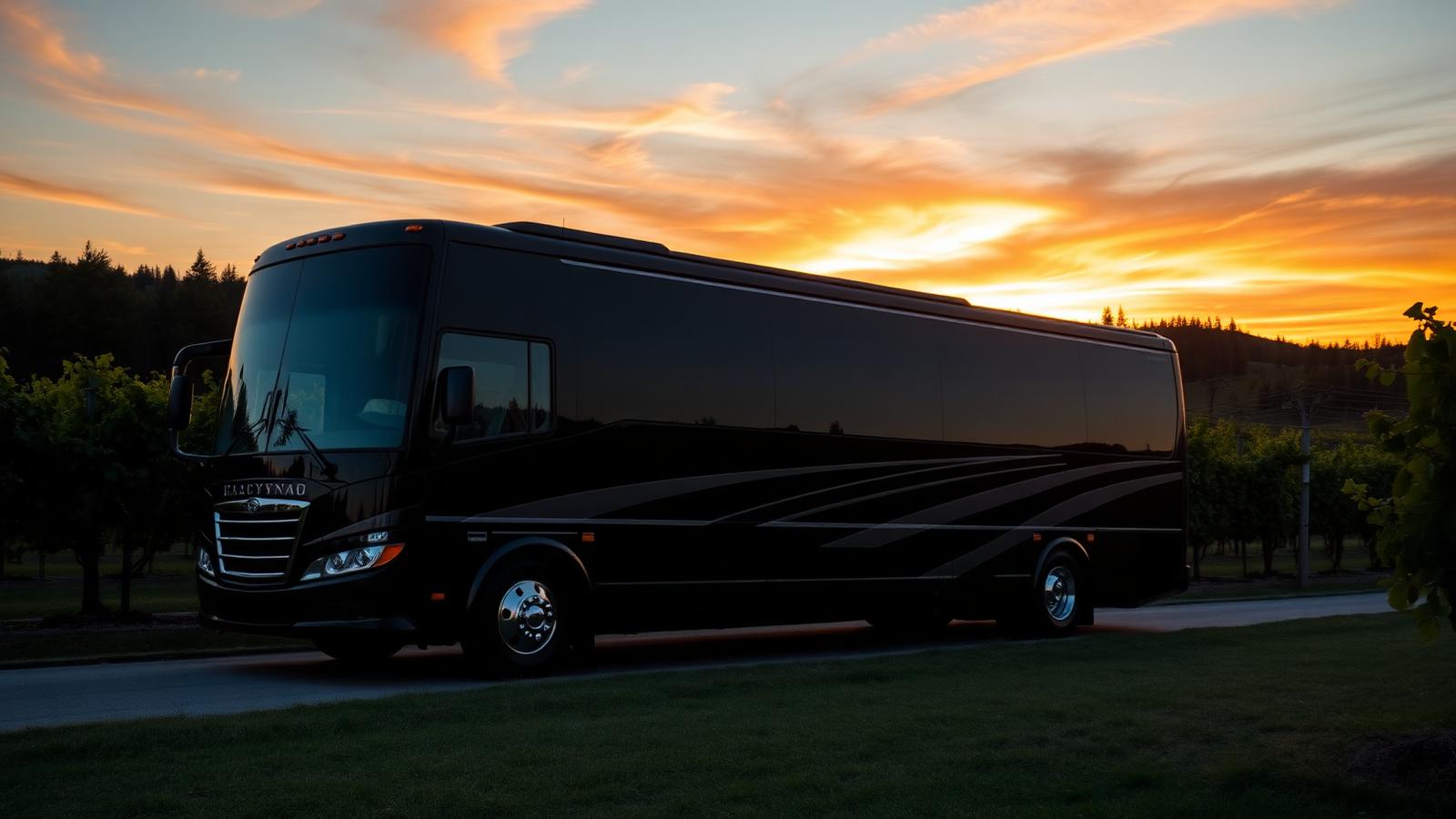 Black motorcoach at a Napa Valley vineyard at sunset